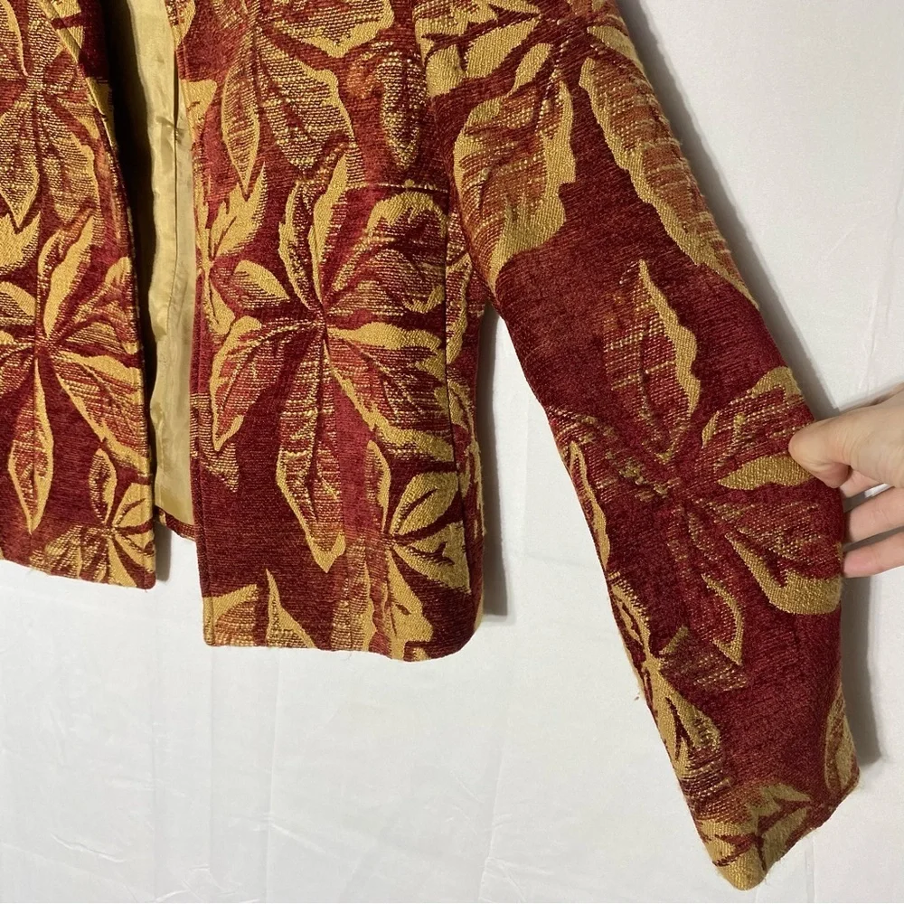 Harvé Benard Red Yellow Chenille Leaf Print Tapestry Open Front Blazer Jacket S - Picture 9 of 14